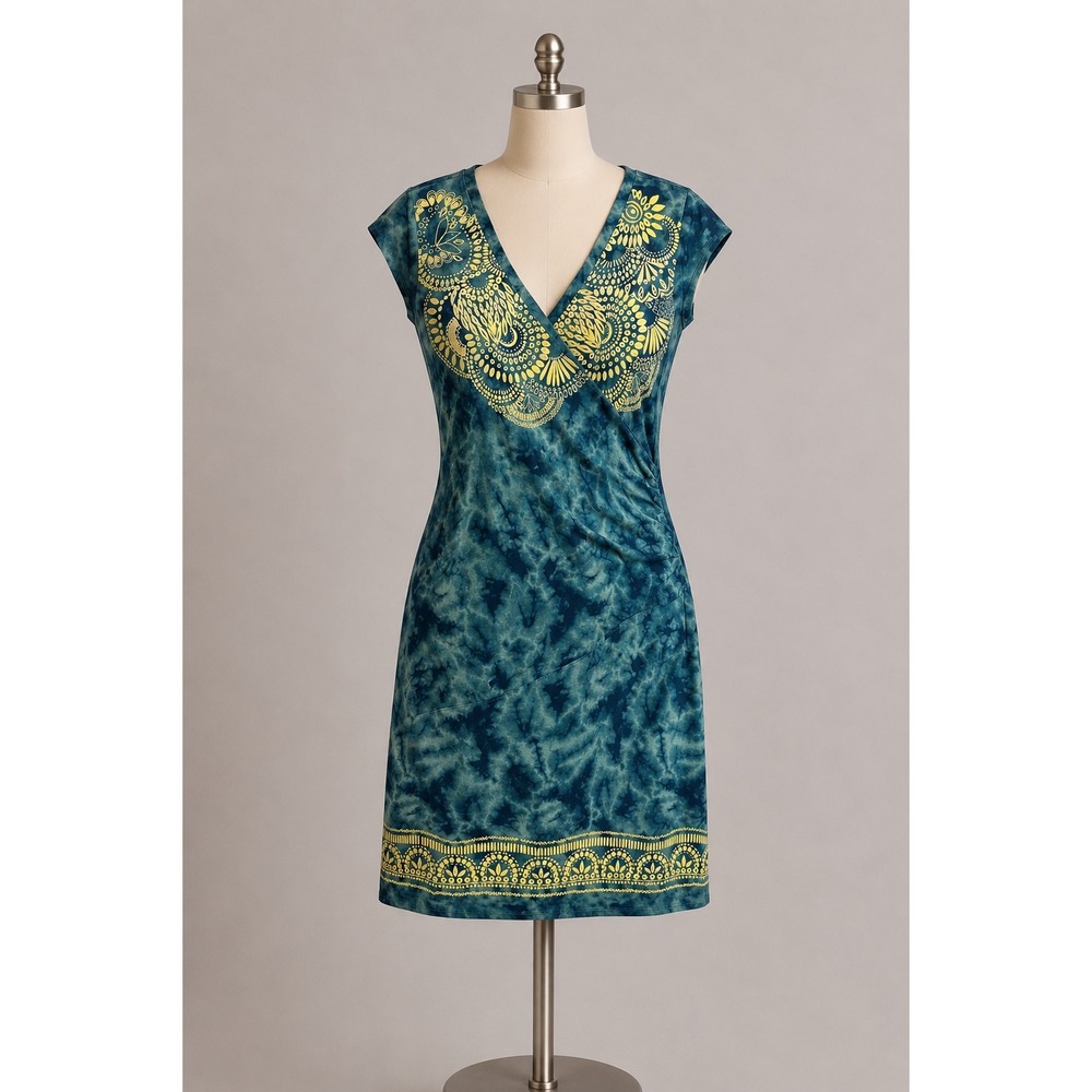 Athleta Faux Wrap Dress Womens Size M Blue Tie Dye Mandala Graphic Stretch